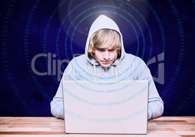 Blond hair hacker using a laptop in front of blue background