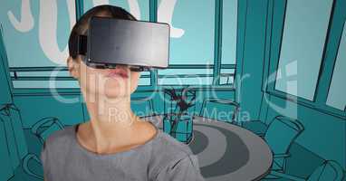 Business woman in virtual reality headset against blue hand drawn office