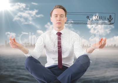 Business man meditating against blurry skyline and water with 3D search bar