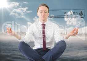 Business man meditating against blurry skyline and water with 3D search bar