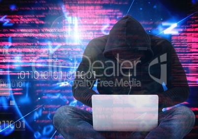 Hacker with legs crossed using a laptop in front of digital background