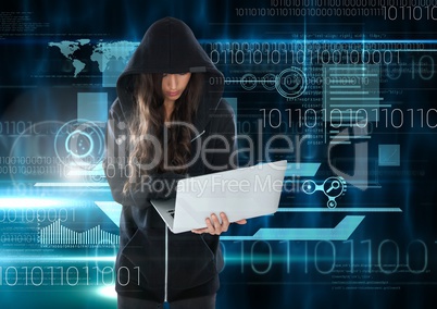 Woman hacker using a laptop in front of 3D digital background