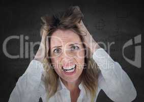 Frustrated business woman against grey wall and math graphics