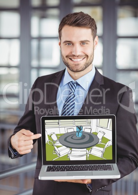 Young businessman smiling and sawing the design of the new  meeting room on the computer (green, gre