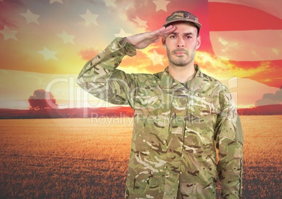 Military saluting against landscape sunset