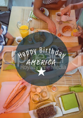 White fourth of July graphic in blue circle against overhead of family dinner with red overlay