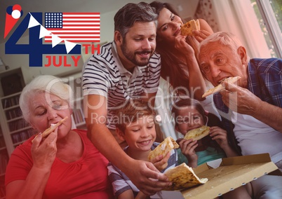 Fourth of July graphic with flags and ice cream against family eating pizza with red overlay