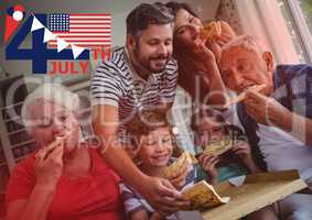 Fourth of July graphic with flags and ice cream against family eating pizza with red overlay