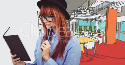 Millennial woman with notebook against 3D hand drawn office and white transition