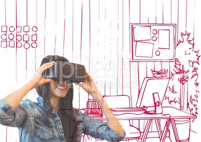 happy young woman with 3D glasses overlap with  office red lines