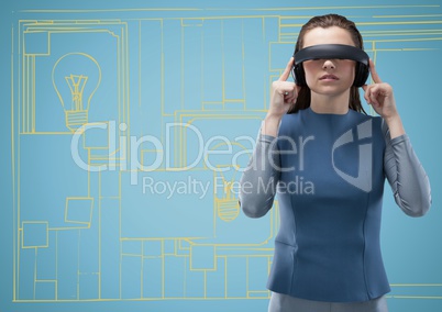 Woman in virtual reality headset against yellow and blue hand drawn wall with pictures