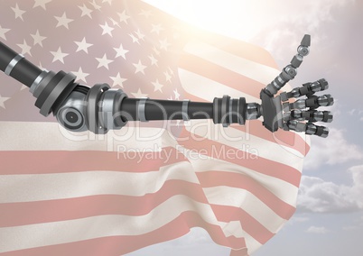 Robot with thumbs up against american flag