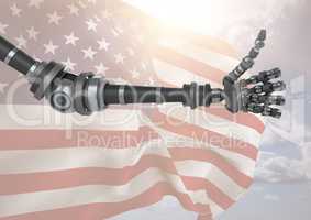 Robot with thumbs up against american flag