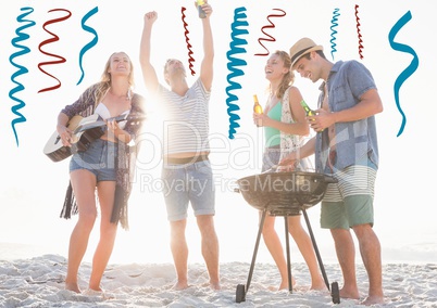 Blue and red confetti doodles against millennials at beach party