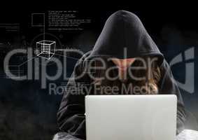 Woman hacker working on laptop in front of black digital background