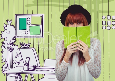 Millennial woman with green book against green hand drawn office