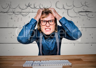 Frustrated business man at desk against white wood panel and rain graphics