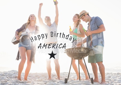 Grey fourth of July graphic against millennials at beach party and flares