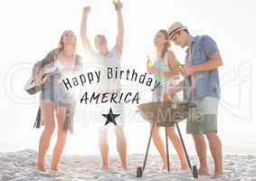 Grey fourth of July graphic against millennials at beach party and flares