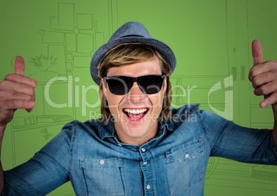 Millennial man giving two thumbs up against green hand drawn office