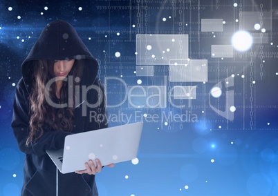 Woman hacker using a laptop in front of blue background