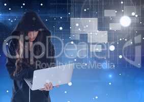 Woman hacker using a laptop in front of blue background