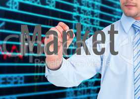 Woman hand writing MARKET in the screen with stock market background