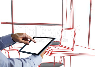 hand with tablet in front of office red lines with black details