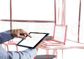 hand with tablet in front of office red lines with black details