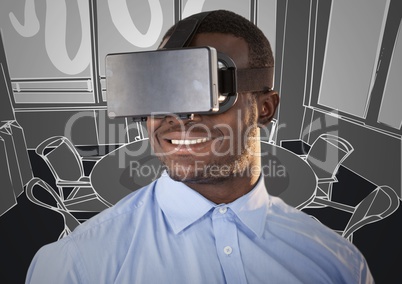 Business man smiling in virtual reality headset against 3D grey hand drawn office