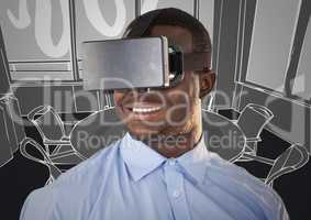 Business man smiling in virtual reality headset against 3D grey hand drawn office