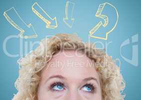 Top of woman's head looking at yellow 3D arrows against blue background