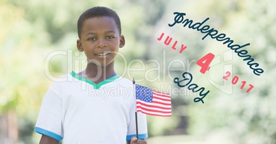 Fourth of July graphic next to boy holding american flag