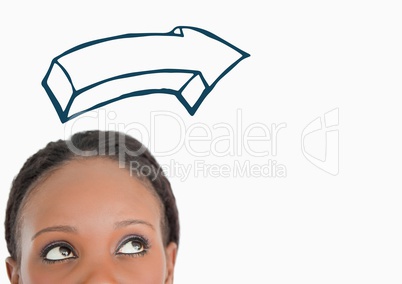 Top of woman's head looking at direction of 3D navy arrow against white background