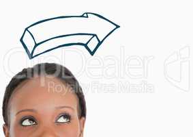 Top of woman's head looking at direction of 3D navy arrow against white background