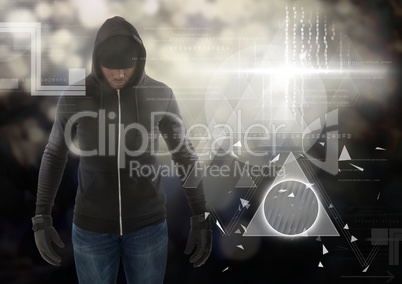 Hacker standing up in front of digital background