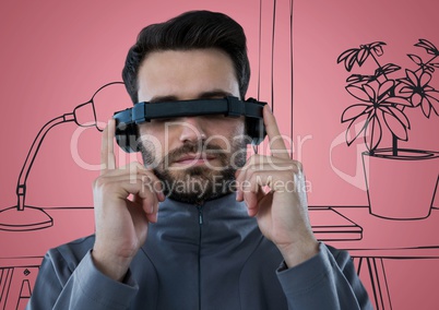 Man in virtual reality headset against pink and grey hand drawn office