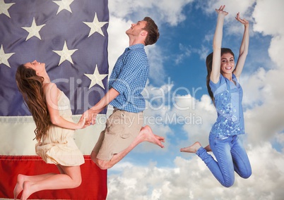 Smiling friends jumping in front of a 3d american flag