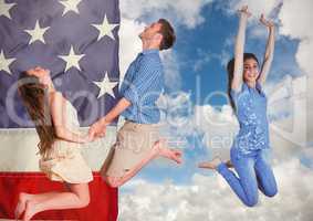 Smiling friends jumping in front of a 3d american flag