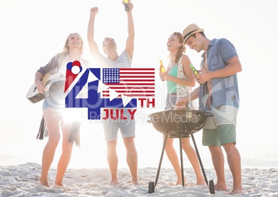 Fourth of July graphic with flags and ice cream against millennials at beach party and flares