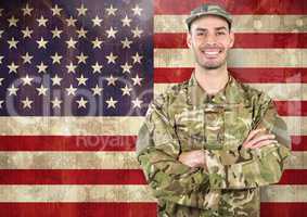 Smiling 3d soldier against american flag