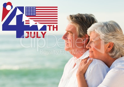 Fourth of July graphic with flags and ice cream against elderly couple looking out to sea