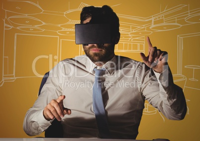 3d Business man at desk in virtual reality headset against orange and white hand drawn office