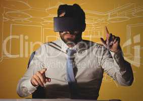 3d Business man at desk in virtual reality headset against orange and white hand drawn office