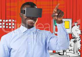 3d Business man in virtual reality headset pointing against orange hand drawn office