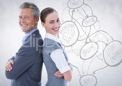 3d Business people back to back against white wall with concept doodle
