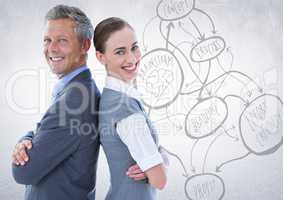 3d Business people back to back against white wall with concept doodle