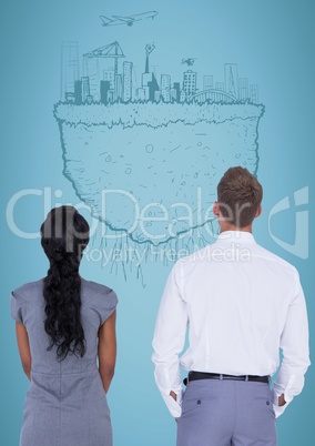 Back of business people against blue background and 3D city earth doodle