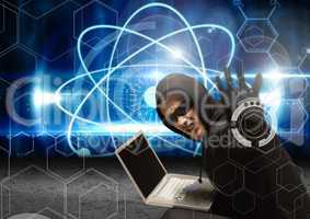 Hacker with sunglasses using a laptop and tending his arm to the lens with a digital background