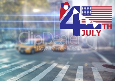 Fourth of July graphic with flags and ice cream against blurry street scene with flares